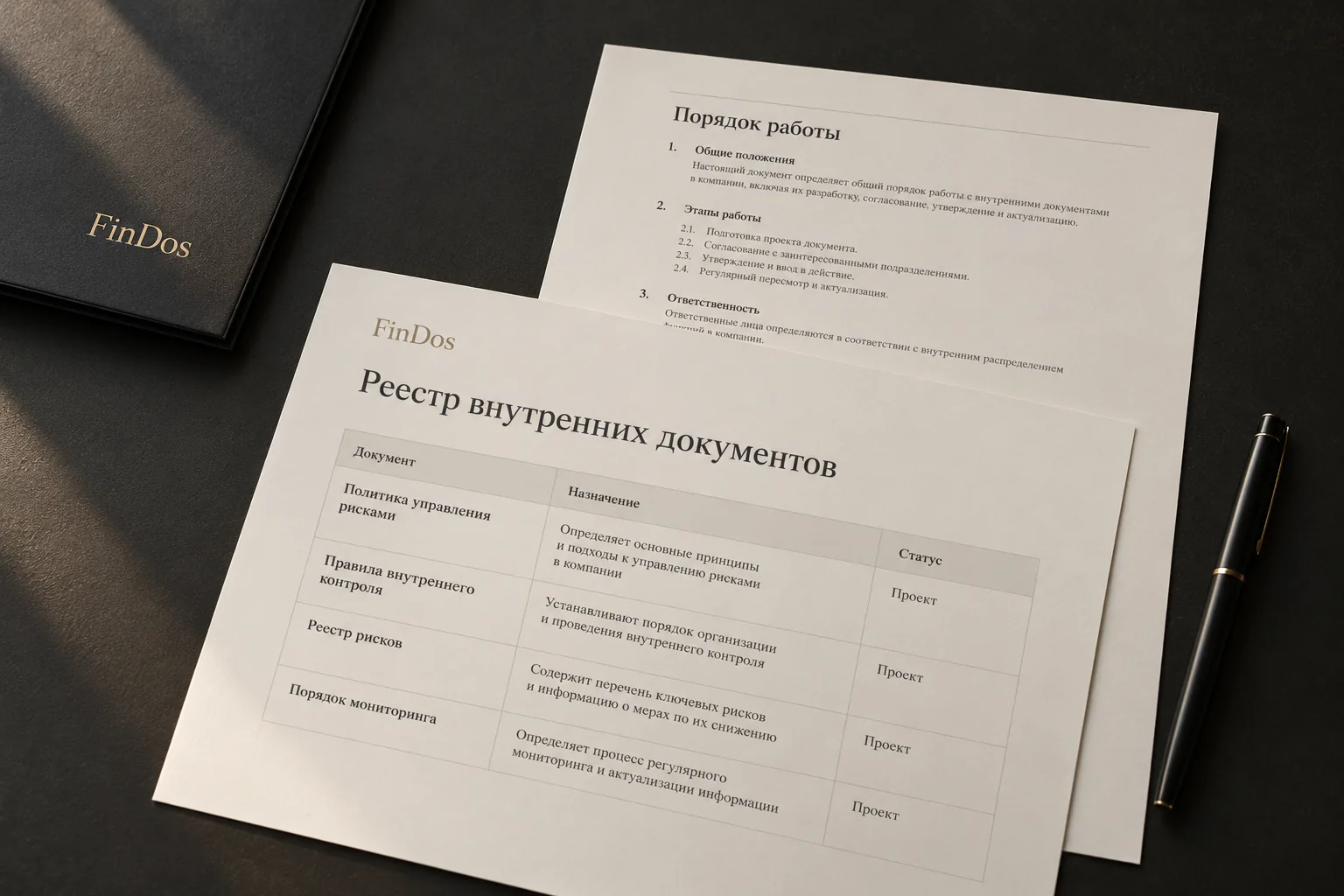 Демонстрационный реестр внутренних документов FinDos и страницы с порядком работы