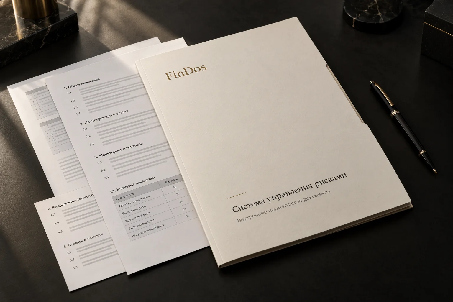 Светлая папка FinDos «Система управления рисками» и комплект документов на тёмном столе